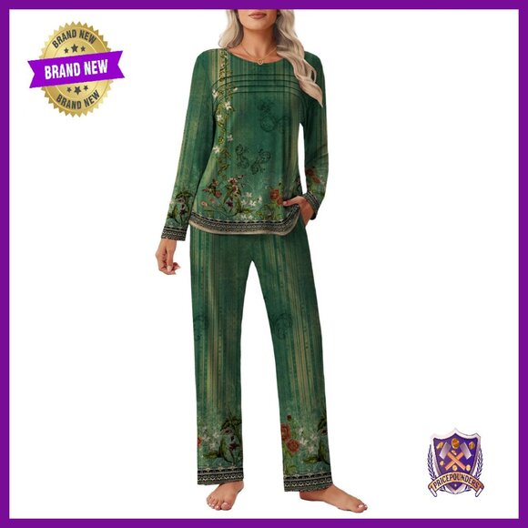 Womens Long Sleeve Pleated Top Lounge Pajama Set Soft Stretchy S-XXL